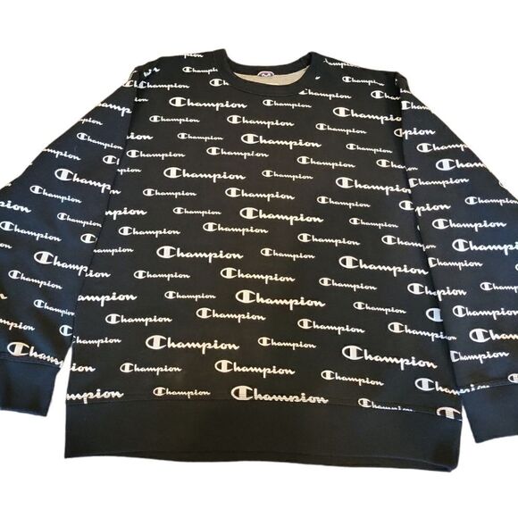 Champion Black White Men's Powerblend AOP Crewneck Logo Sweatshirt XL - Picture 4 of 13